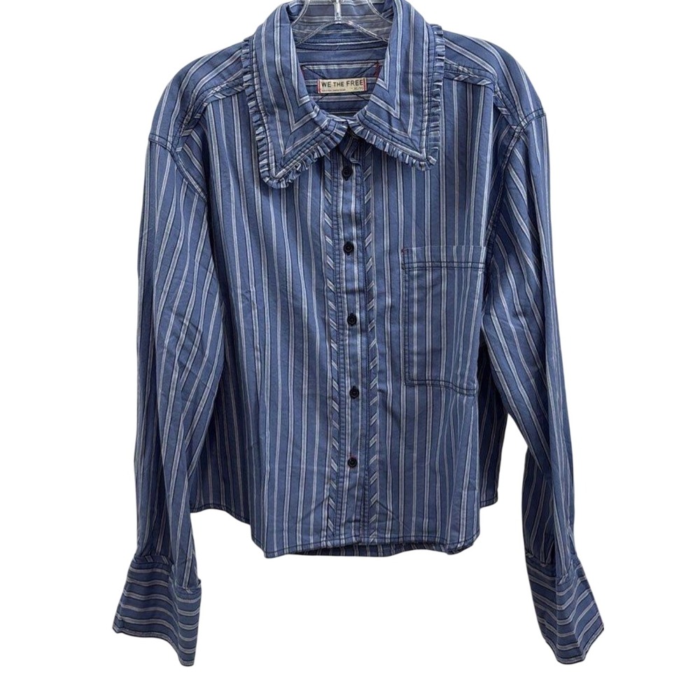 Free People We The Free Moxley Striped Shirt Blue White Frill Collar XL - Picture 5 of 8